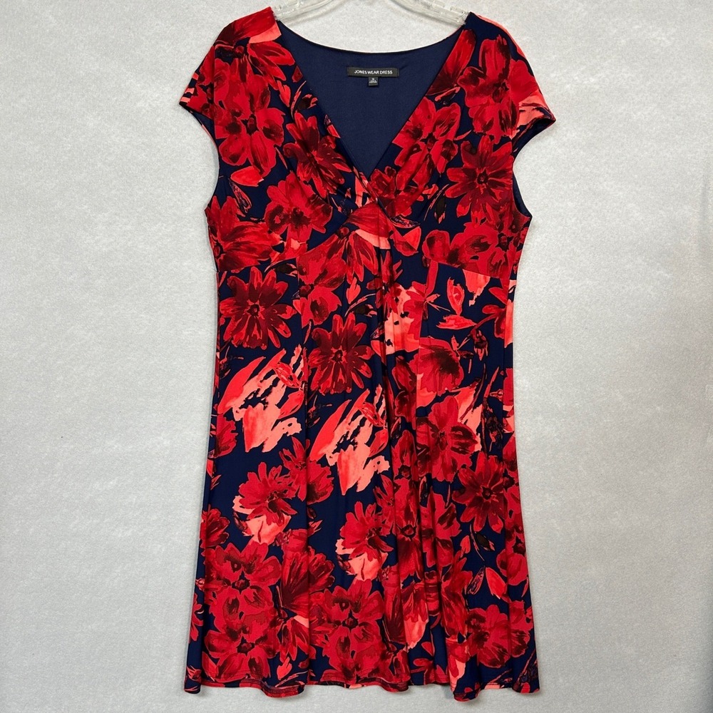 Jones Wear Women 16 Dress Navy Red Floral V-Neck Cap Sleeve Stretch Midi
